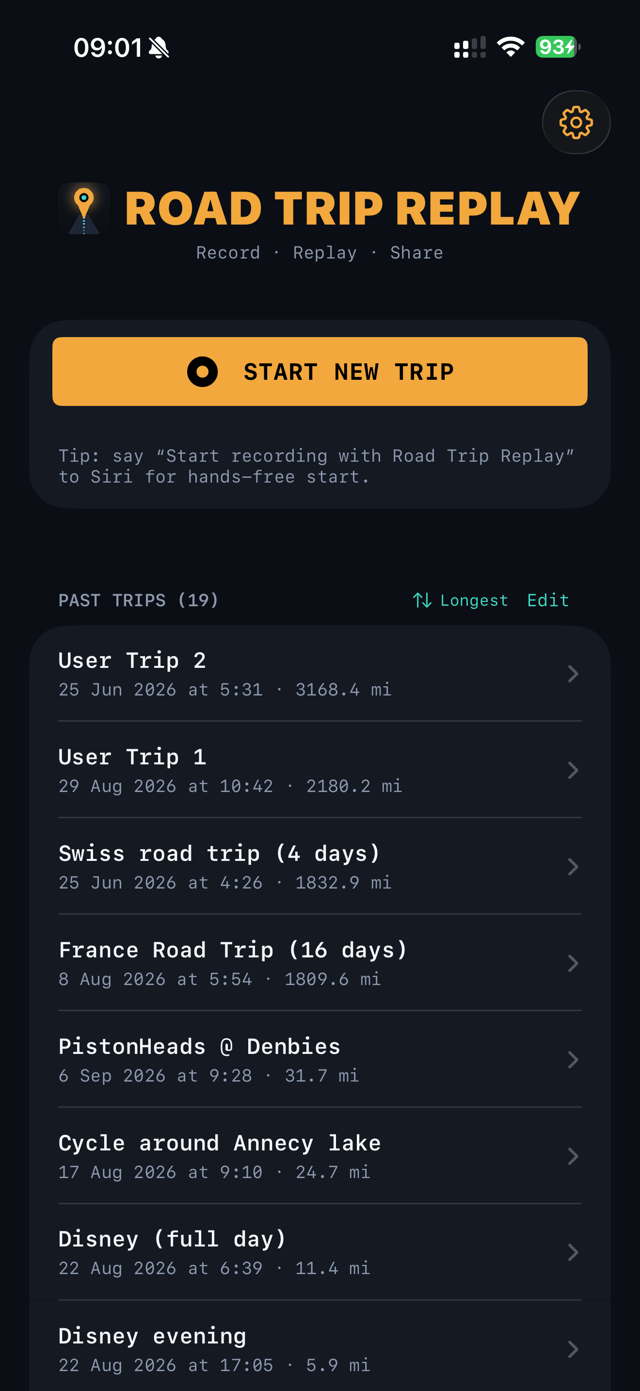 Road Trip Replay app home screen